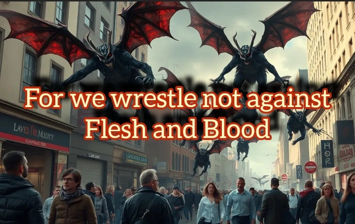 People walking in the streets and demons hover above them (For we wrestle not against Flesh and blood)