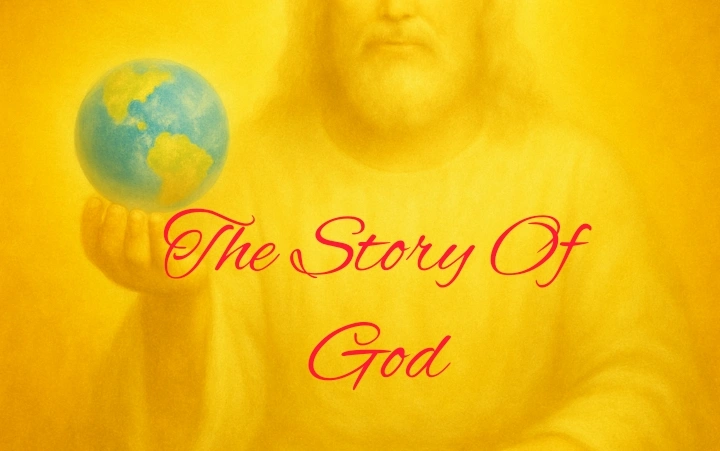 God sitting with the Globe in his palm. The Story of God