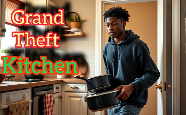 A young man moving pots from kitchen. (Grand theft kitchen)